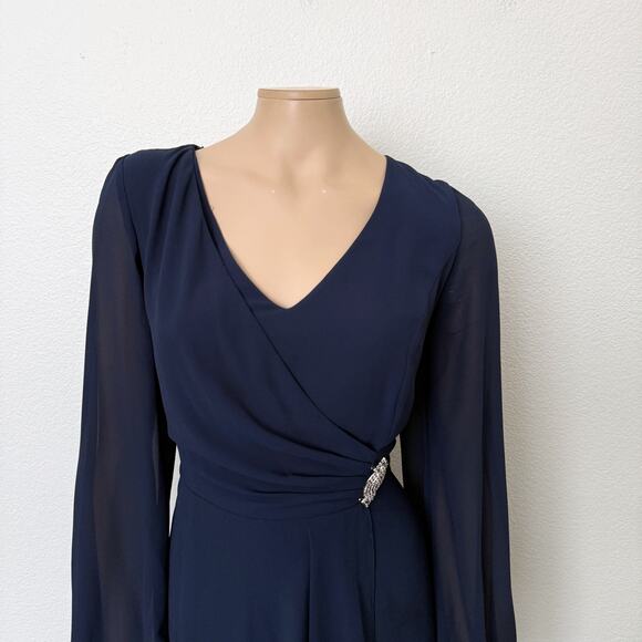 [Marina] Navy Blue Chiffon V-Neck Faux Wrap Brooch Balloon Sleeve Midi Dress 12 - Picture 3 of 11